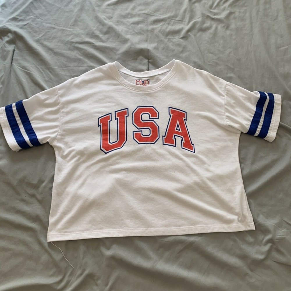 Modern Lux Womens Juniors White USA Crop Top S